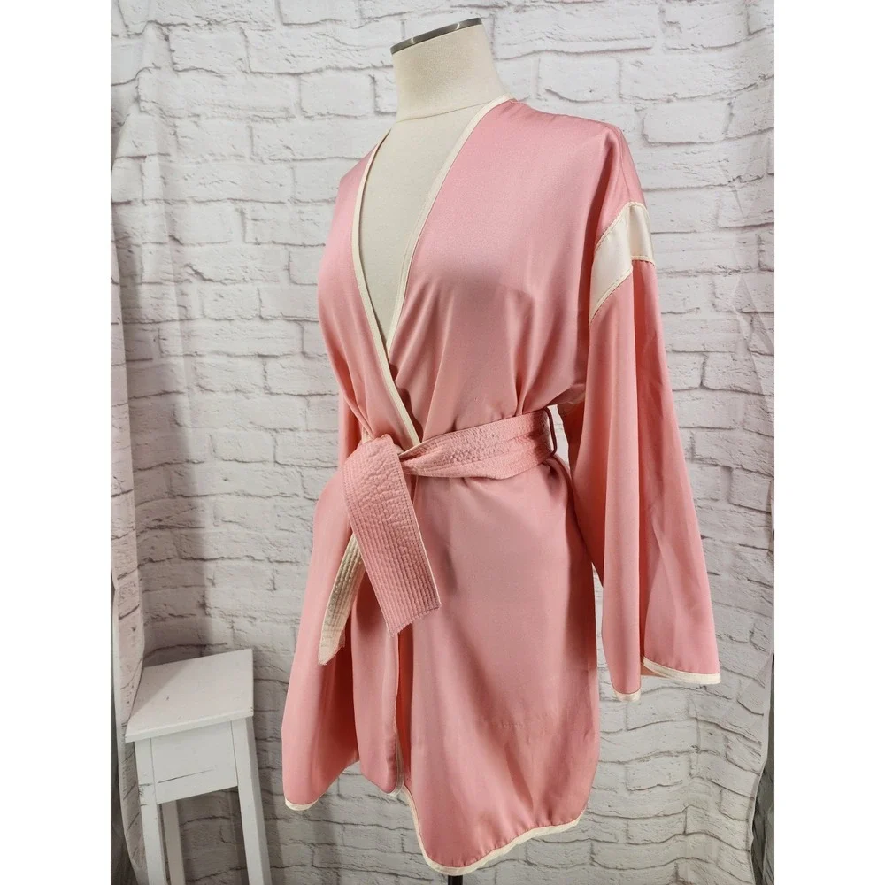 Vintage Saks Satin Robe Glam Boxing Short Belted Glam Lily Floral Made USA Pink